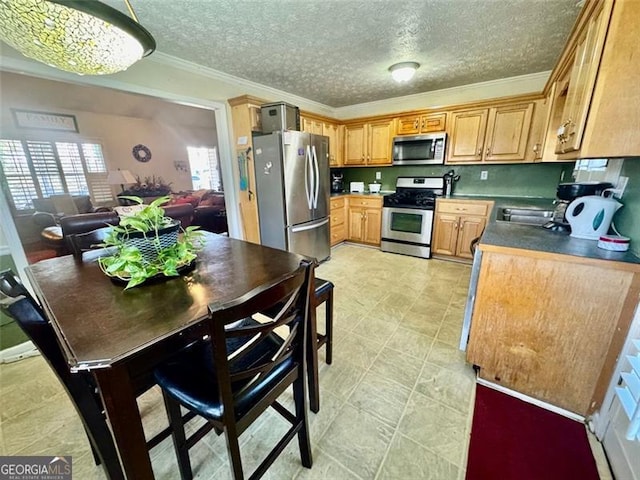 kitchen with a textured ceiling, sink, ornamental molding, and stainless steel appliances