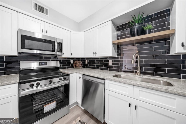 kitchen featuring white cabinets, backsplash, sink, and appliances with stainless steel finishes