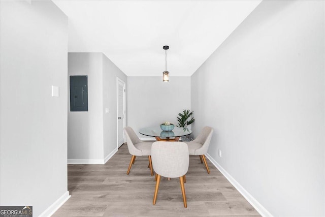 dining space with electric panel and light hardwood / wood-style floors