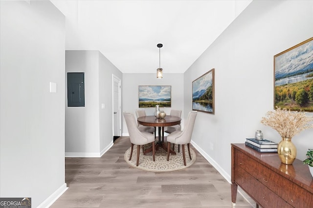 dining area with electric panel and hardwood / wood-style floors