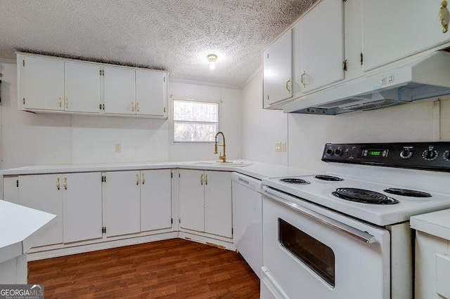 kitchen featuring sink, white appliances, a textured ceiling, and white cabinets