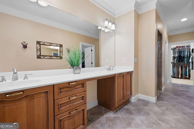 bathroom featuring a shower with door, ornamental molding, and vanity