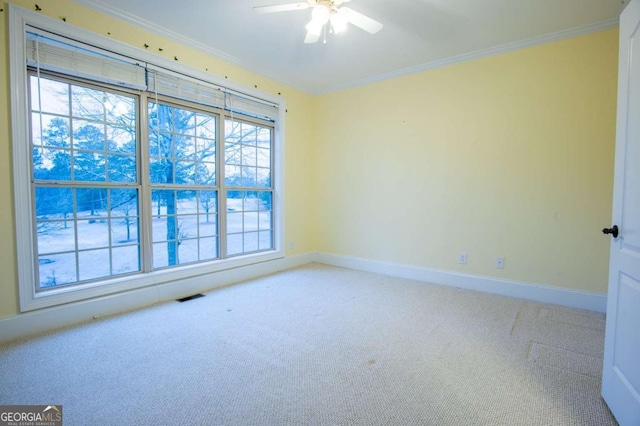 carpeted spare room with ceiling fan and ornamental molding