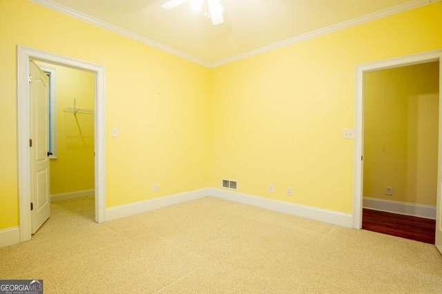 unfurnished bedroom with carpet, a walk in closet, a closet, and ornamental molding