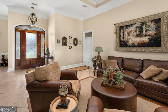 living room featuring crown molding and light tile patterned flooring