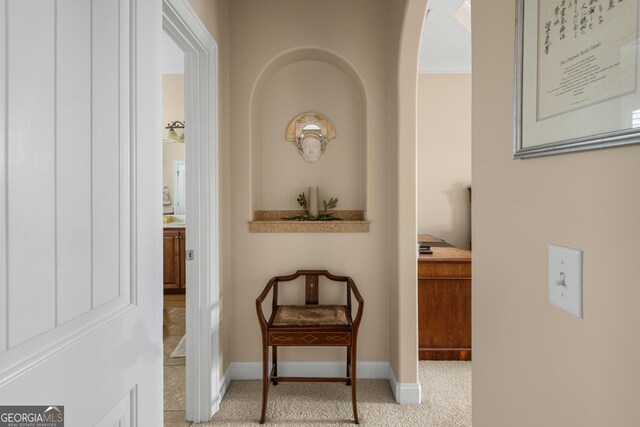 corridor with light colored carpet and crown molding