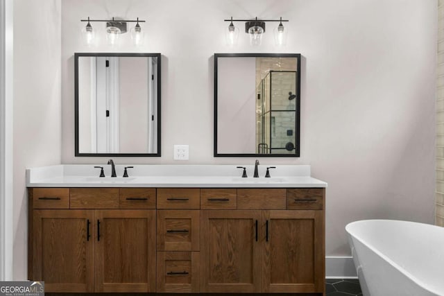 bathroom featuring tile patterned flooring, vanity, and independent shower and bath