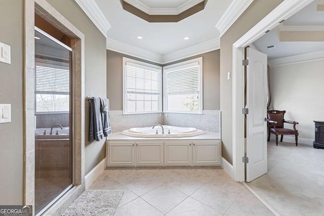 bathroom with tile patterned flooring, independent shower and bath, and crown molding