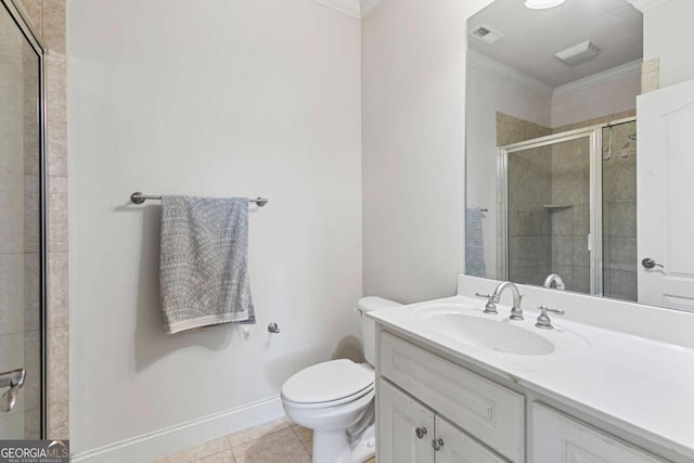 bathroom featuring walk in shower, tile patterned floors, toilet, vanity, and ornamental molding