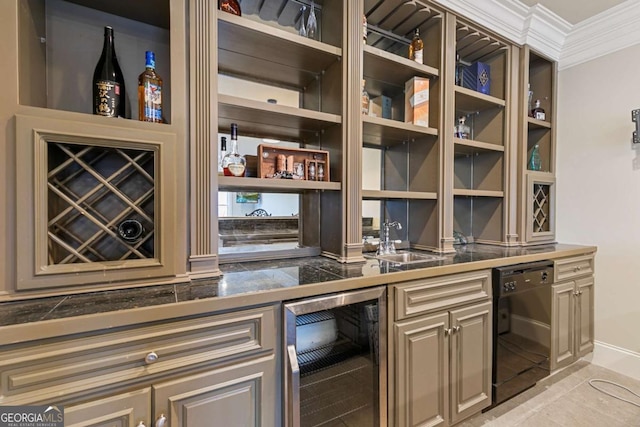 bar with dishwasher, wine cooler, crown molding, and sink