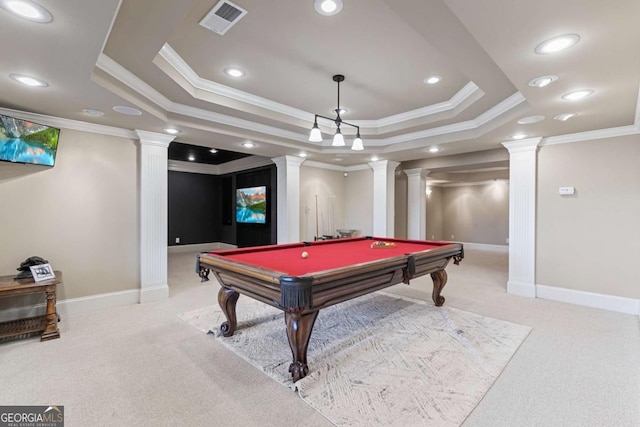 rec room featuring a tray ceiling, light colored carpet, ornamental molding, and billiards