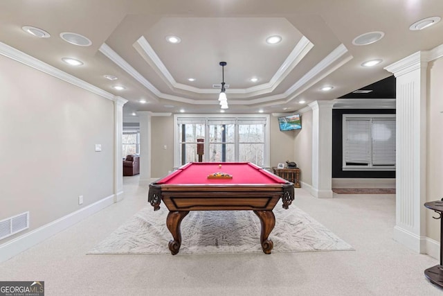 game room featuring decorative columns, light carpet, and billiards