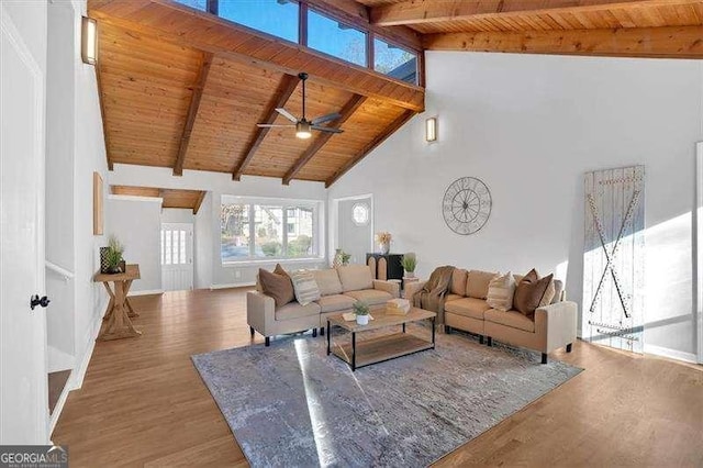 living room featuring ceiling fan, beamed ceiling, wooden ceiling, and high vaulted ceiling