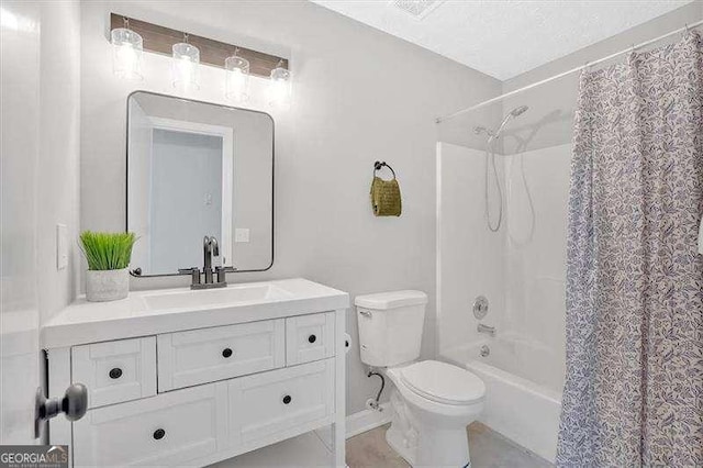 full bathroom featuring vanity, toilet, and shower / bathtub combination with curtain