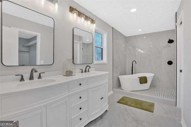 bathroom with separate shower and tub and vanity