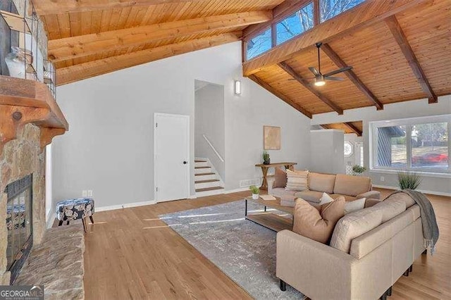 living room featuring high vaulted ceiling, ceiling fan, light wood-type flooring, beamed ceiling, and wood ceiling