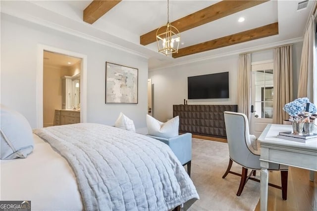 bedroom with beam ceiling, light hardwood / wood-style floors, ornamental molding, and an inviting chandelier