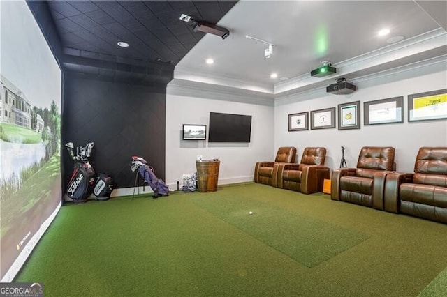 home theater room featuring carpet flooring, a raised ceiling, golf simulator, and ornamental molding