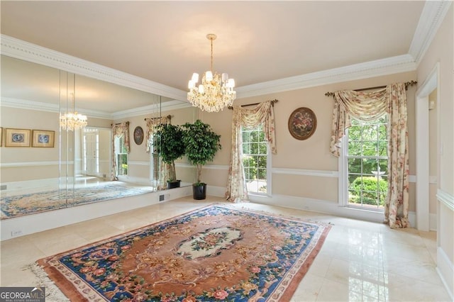 interior space featuring an inviting chandelier and ornamental molding