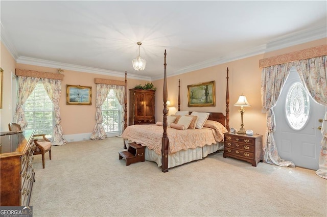 bedroom with crown molding, light carpet, and an inviting chandelier