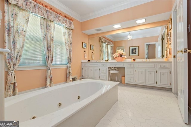 bathroom featuring tile patterned flooring, vanity, a bathtub, and crown molding