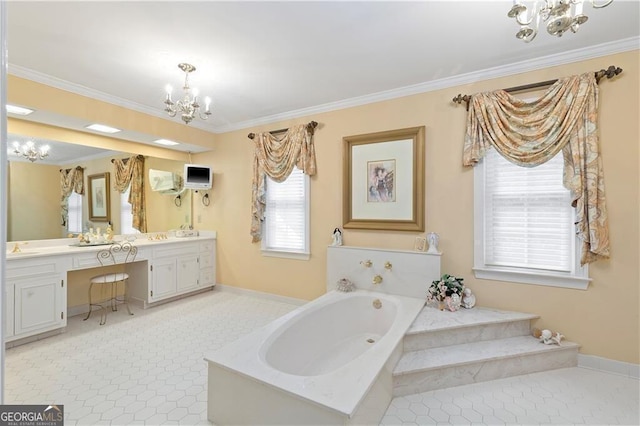 bathroom featuring ornamental molding, vanity, a notable chandelier, tile patterned flooring, and tiled bath