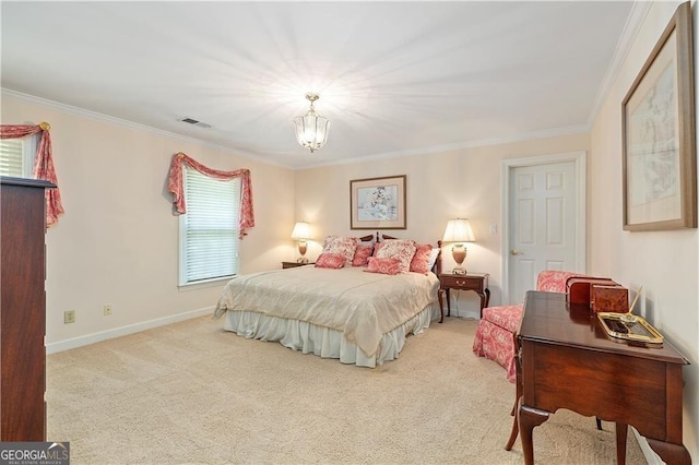 carpeted bedroom featuring a notable chandelier and crown molding