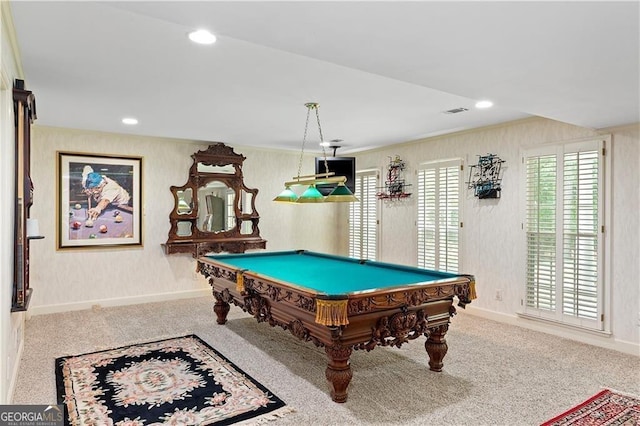 rec room with carpet flooring and billiards