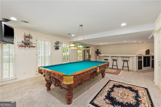 playroom with light colored carpet and billiards