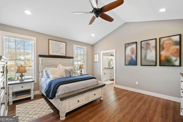 bedroom featuring multiple windows, ensuite bathroom, ceiling fan, and dark wood-type flooring