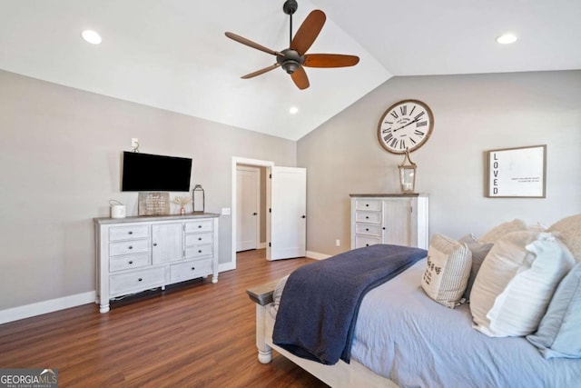 bedroom featuring ceiling fan, wood-type flooring, and vaulted ceiling