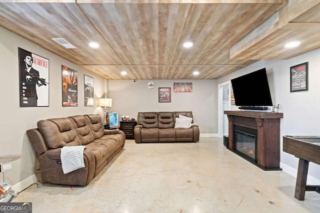 living room featuring wooden ceiling