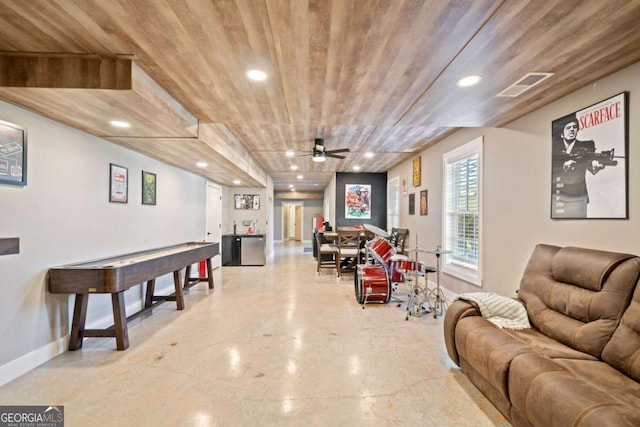 interior space featuring ceiling fan and wood ceiling