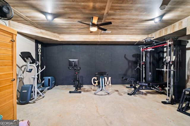 workout room with ceiling fan and wood ceiling