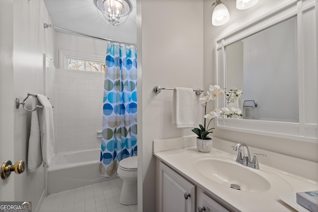 full bathroom with toilet, vanity, and shower / tub combo with curtain