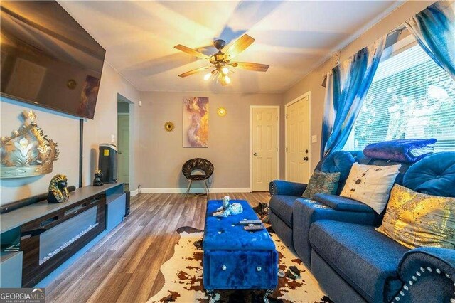 living room featuring ceiling fan and wood-type flooring