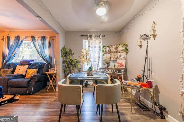 dining space with hardwood / wood-style flooring, ceiling fan, and a wealth of natural light