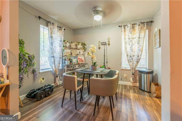 dining area with ceiling fan and hardwood / wood-style flooring