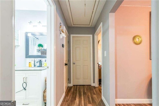 hall featuring dark wood-type flooring and sink