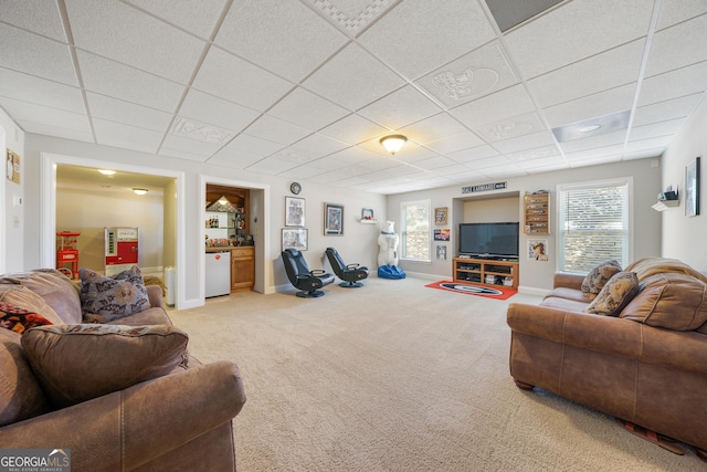 carpeted living room with a wealth of natural light and a drop ceiling