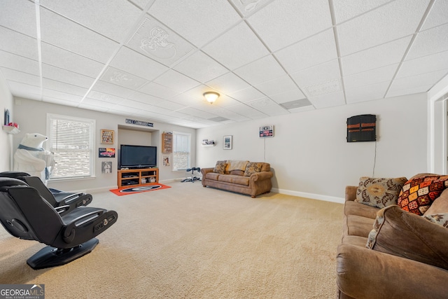 living room with carpet flooring and a drop ceiling