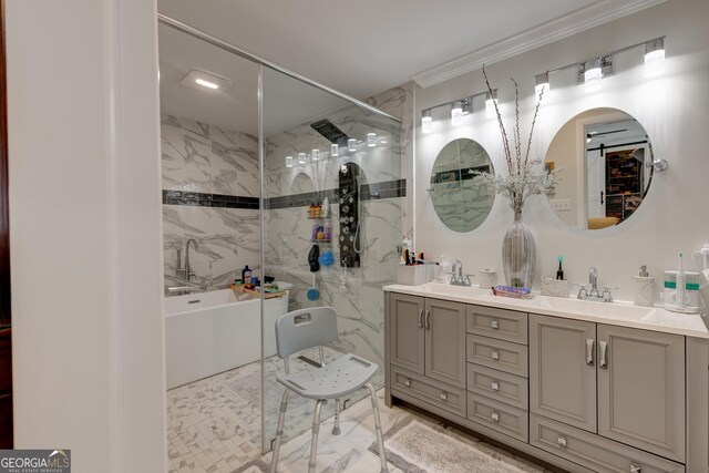 bathroom featuring vanity, ornamental molding, and tiled shower