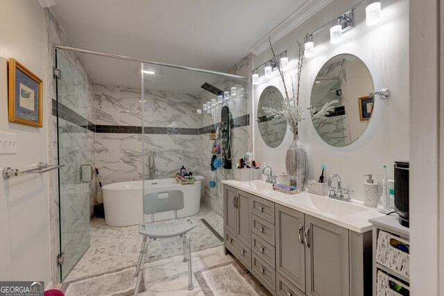 bathroom featuring crown molding, vanity, tile walls, and shower with separate bathtub