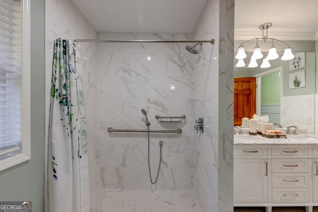 bathroom with vanity and walk in shower