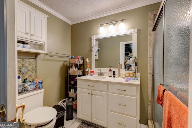 bathroom featuring vanity, tile patterned flooring, ornamental molding, a textured ceiling, and walk in shower