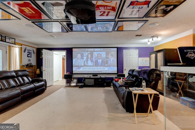 home theater room with a textured ceiling, carpet floors, and ornamental molding