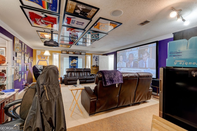 home theater room with carpet flooring, crown molding, and a textured ceiling