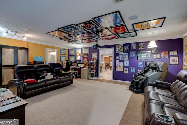 interior space featuring a textured ceiling and crown molding