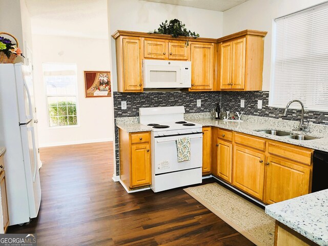 kitchen with decorative backsplash, light stone counters, white appliances, sink, and dark hardwood / wood-style floors