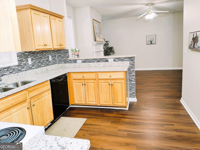 kitchen featuring dark hardwood / wood-style flooring, tasteful backsplash, sink, light brown cabinets, and black dishwasher